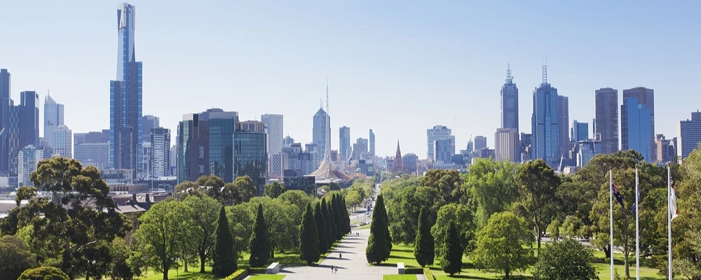 a view of the skyline of Melbourne from the Shrine of Remembrance