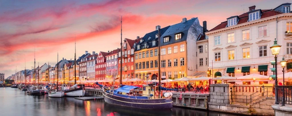 A street in Denmark under a nice red sky