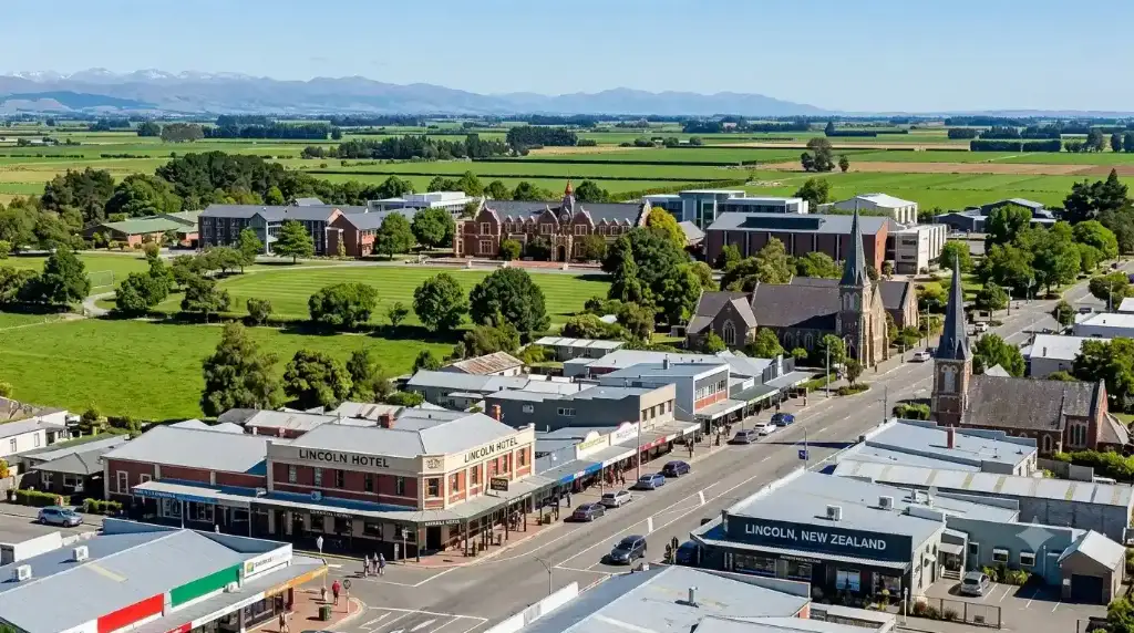 Aerial view of Lincoln, New Zealand's main street and church, surrounded by farmland and mountains