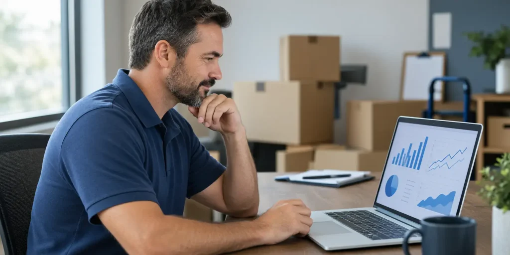 Moving company owner reviewing Sirelo Moving Leads pricing and matching data on a laptop dashboard