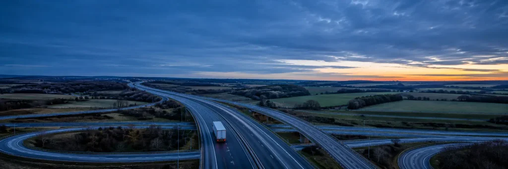 Aerial view of a UK motorway interchange with a removal lorry, representing how route choice affects Sirelo lead pricing