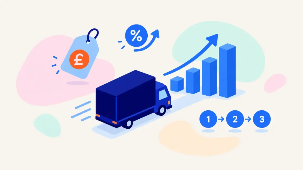 Isometric illustration of a moving truck and rising bar chart, representing moving leads pricing and ROI for removal companies